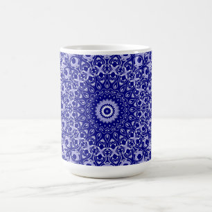 Taza De Café Patrón de Mandala Azul Medianoche y Blanco