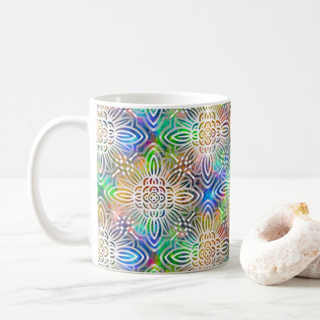 Taza De Café Patrón de Mandala blanco sobre tonos de joyas colo (Con donut)