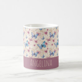 Taza De Café patrón de mariposa azul rosa acuarela nombre 