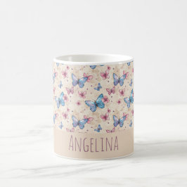 Taza De Café patrón de mariposa azul rosa acuarela nombre 