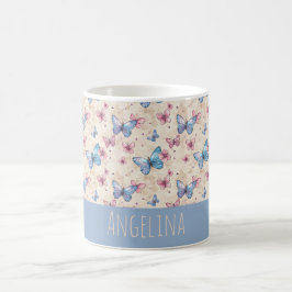 Taza De Café patrón de mariposa azul rosa acuarela nombre 
