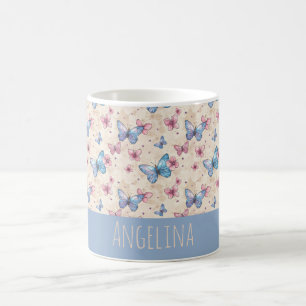 Taza De Café patrón de mariposa azul rosa acuarela nombre 