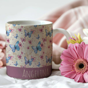 Taza De Café patrón de mariposa azul rosa acuarela nombre