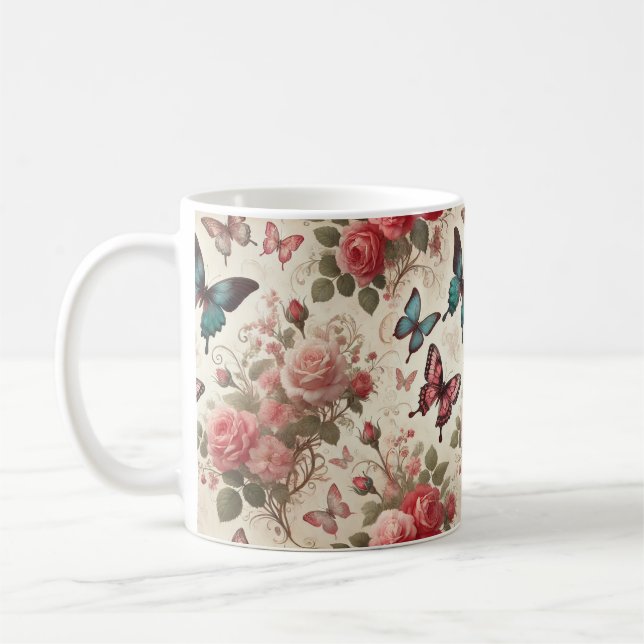 Taza De Café Patrón de mariposa y Rosa (Izquierda)