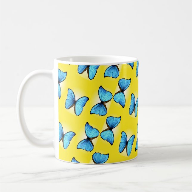 Taza De Café Patrón de mariposas azules en amarillo (Izquierda)
