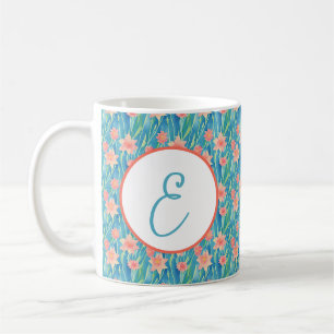 Taza De Café Patrón de monograma de narcisos acuarela naranja