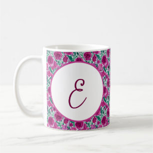 Taza De Café Patrón de monograma de rosas rosa profundo
