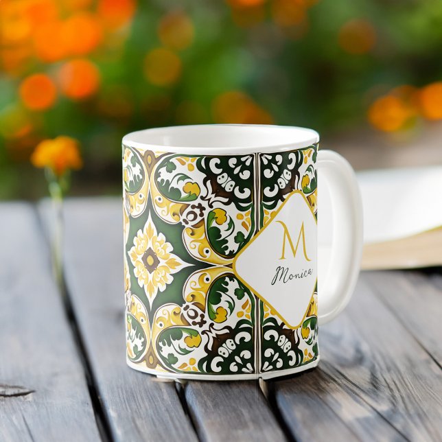 Taza De Café Patrón de mosaico mediterráneo portugués Monograma (Portuguese Mediterranean tile pattern Monogram Coffee Mug personalized gifts bridesmaid gifts favors)