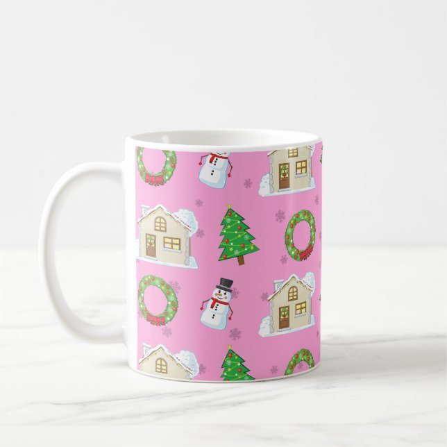 Taza De Café Patrón de Navidad - Fondo Rosa  (Izquierda)