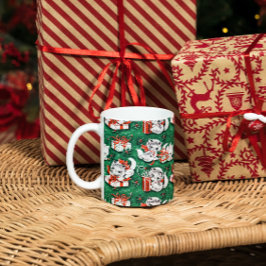 Taza De Café Patrón de Navidad Vintage Verde de los 50 con gati