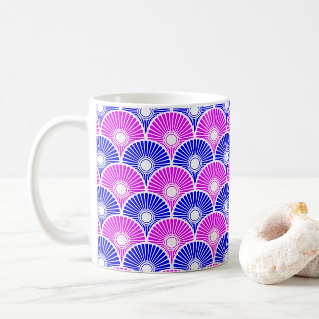 Taza De Café Patrón de onda semicírculo chino azul magenta (Con donut)