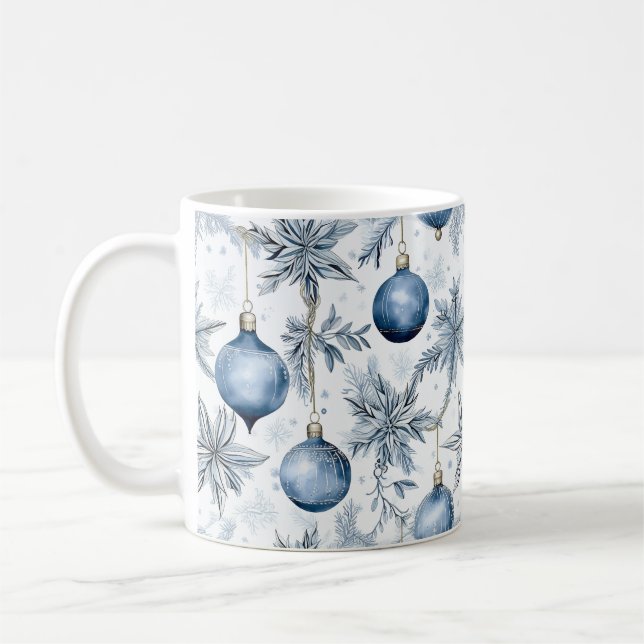 Taza De Café Patrón de ornamentos de árbol de Navidad azul vint (Izquierda)