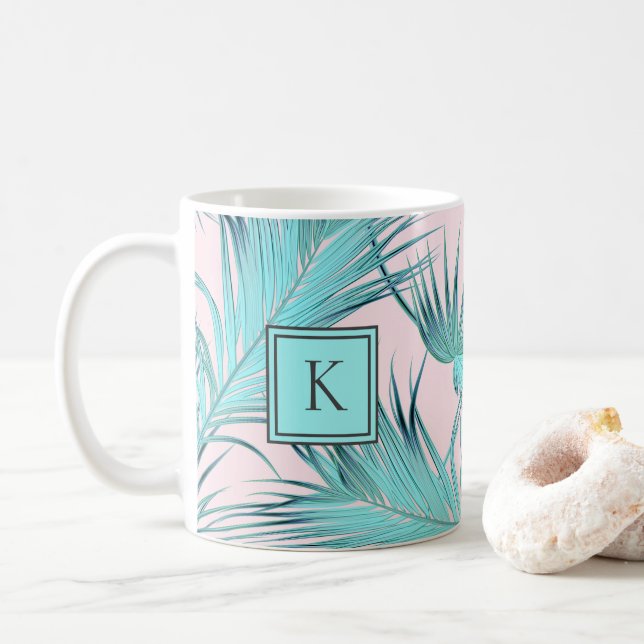 Taza De Café Patrón de palmas costeras de Moda de moda con mono (Con donut)