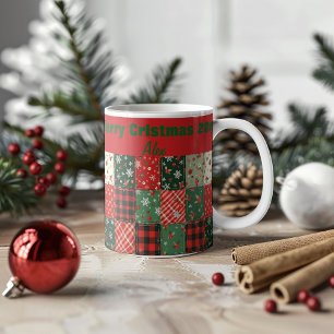Taza De Café patrón de patchwork de Navidad verde rojo