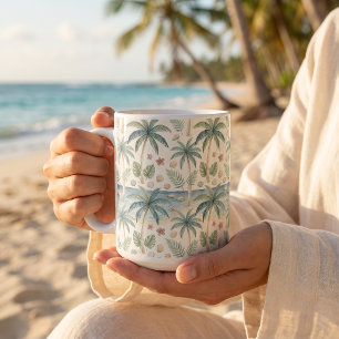 Taza De Café patrón de playa tropical, palmeras y océano tranqu