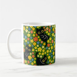 Taza De Café Patrón de prado floral con gatos negros lindos