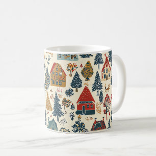 Taza De Café Patrón de pueblo navideño de madera rojo marino