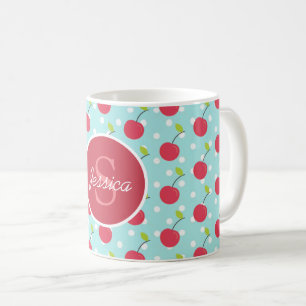 Taza De Café Patrón de punto de polka azul y cereza personaliz