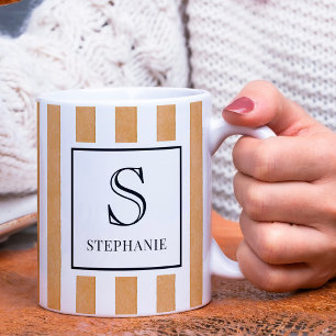 Taza De Café Patrón de rayas de acuarela naranja Monograma y no