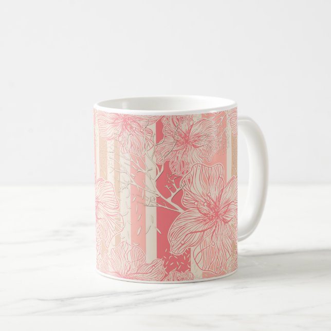 Taza De Café Patrón de rayas florales rosadas de melocotón (Anverso derecho)