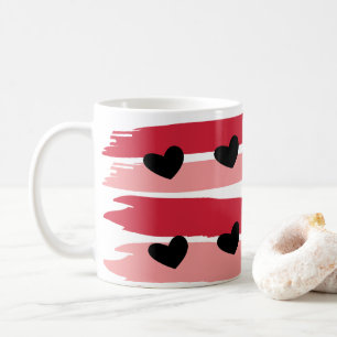 Taza De Café Patrón de rayas rosadas rojas Corazones negros