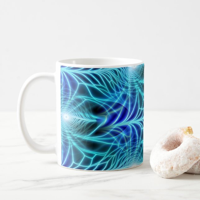 Taza De Café Patrón de repetición de fractal luminoso azul eléc (Con donut)