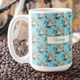 Taza De Café Patrón de rosas blancas vintage en el monograma Aq
