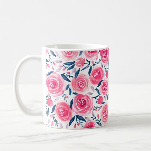 Taza De Café Patrón de Rosas de acuarela floral rosa (Izquierda)