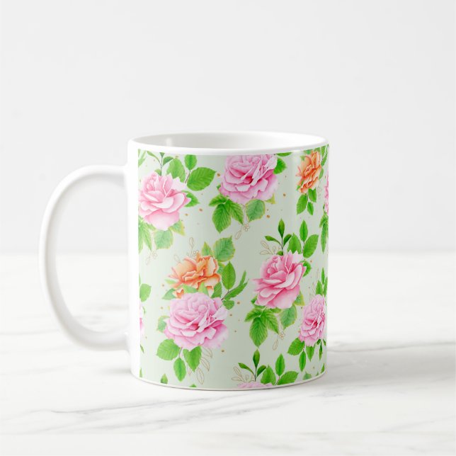 Taza De Café Patrón de rosas rosadas florales-2367 (Izquierda)