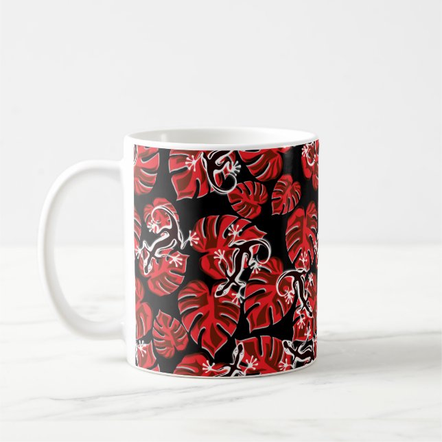 Taza De Café Patrón De Salamandra Y Hoja Roja Que Se Repite (Izquierda)