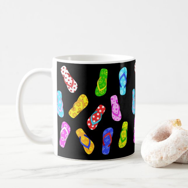 Taza De Café Patrón de sandalias Flip Flop Black Cute Beach Tem (Con donut)