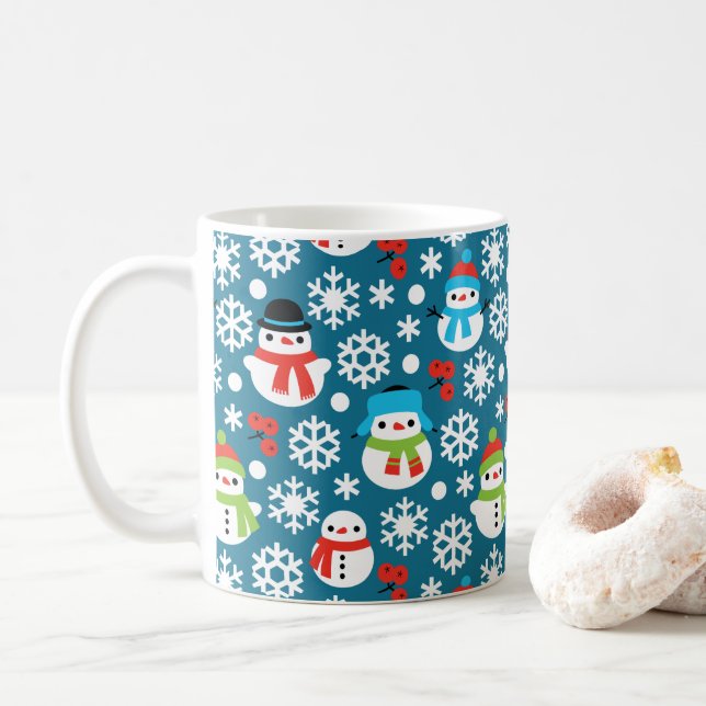Taza De Café Patrón de Snowmans y Snowflakes Seamless (Con donut)