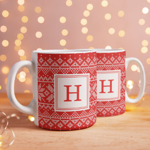 Taza De Café Patrón de suéter nórdico rojo de monograma navideñ