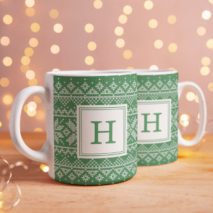 Taza De Café Patrón de suéter nórdico verde con monograma de fi