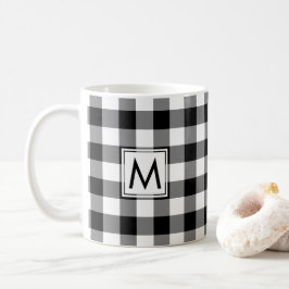 Taza De Café Patrón de tracción de Gingham blanco negro con mon