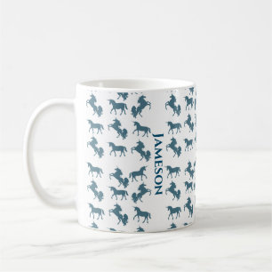 Taza De Café Patrón de unicornio monograma de nombre azul corto