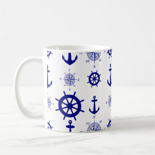 Taza De Café Patrón de vela azul blanco náutico costero