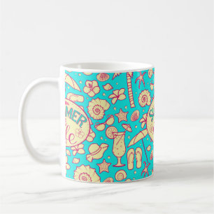 Taza De Café Patrón de verano sobre el fondo turquesa: paraguas