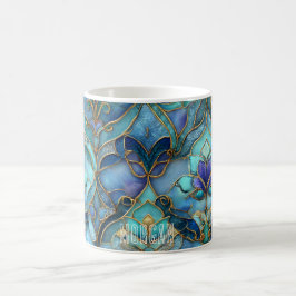 Taza De Café Patrón de vidrio manchado azul y verde personaliza