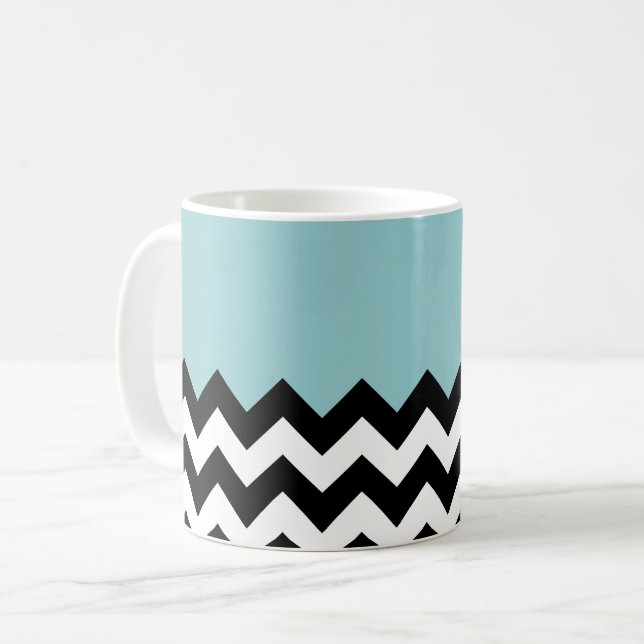 Taza De Café Patrón de zigzag negro y blanco, chevron, azul (Anverso izquierdo)