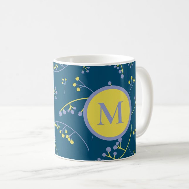 Taza De Café Patrón elegante de bayas amarillas en monograma li (Anverso derecho)