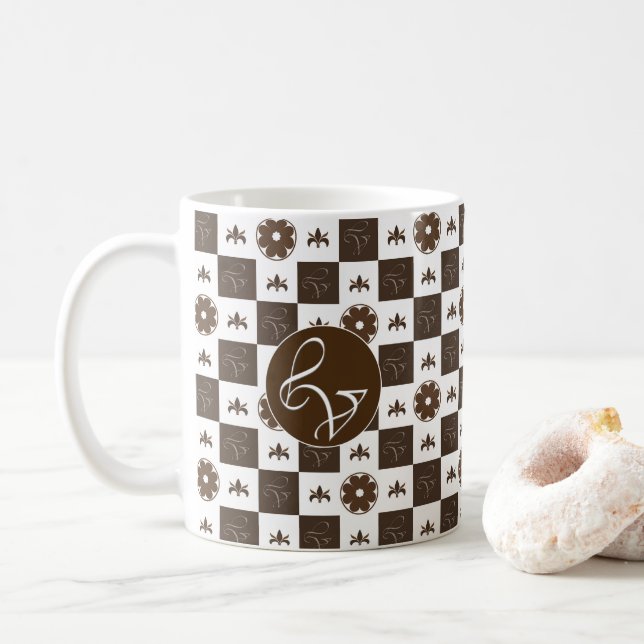 Taza De Café Patrón elegante de cuadros blancos y marrones (Con donut)