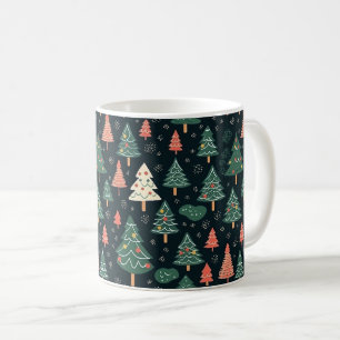 Taza De Café Patrón festivo de árbol de Navidad verde y coral