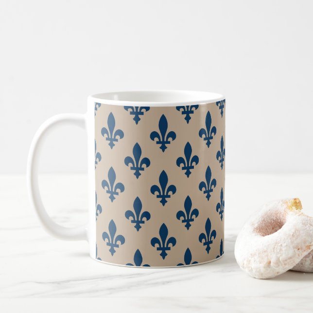 Taza De Café Patrón Fleur de Lis, azul francés real en crema (Con donut)