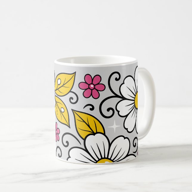 Taza De Café Patrón floral alegre con contornos audaces (Anverso derecho)