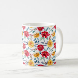 Taza De Café Patrón floral alegre de acuarela en rosa amarilla