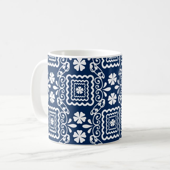 Taza De Café patrón floral azul blanco retro sesenta (Anverso izquierdo)