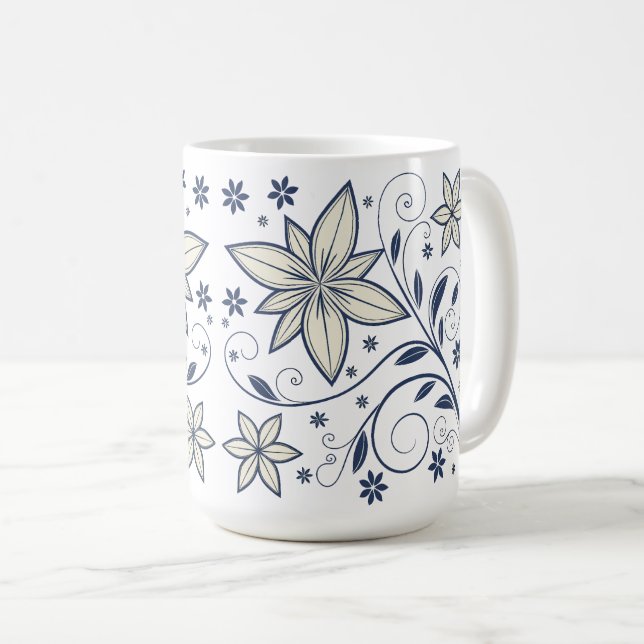 Taza De Café Patrón floral azul de la Marina Elegante | (Anverso derecho)