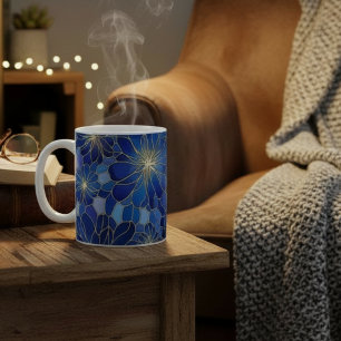 Taza De Café Patrón Floral Azul Oro Moderno