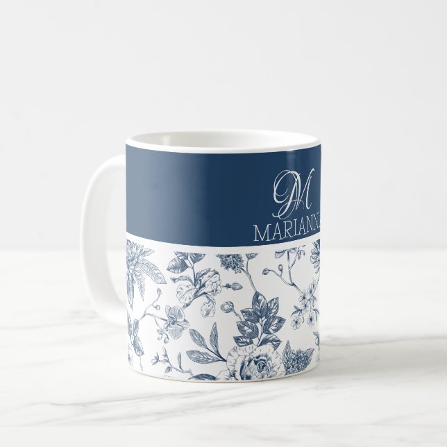 Taza De Café Patrón floral azul y nombre personalizado (Anverso izquierdo)